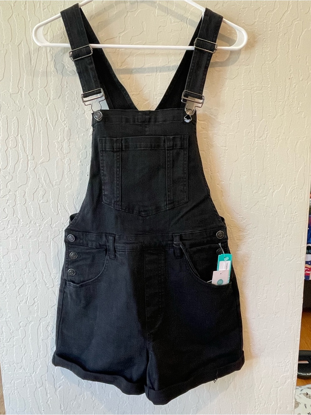 Black Denim Short Overalls with Front Bib Pocket